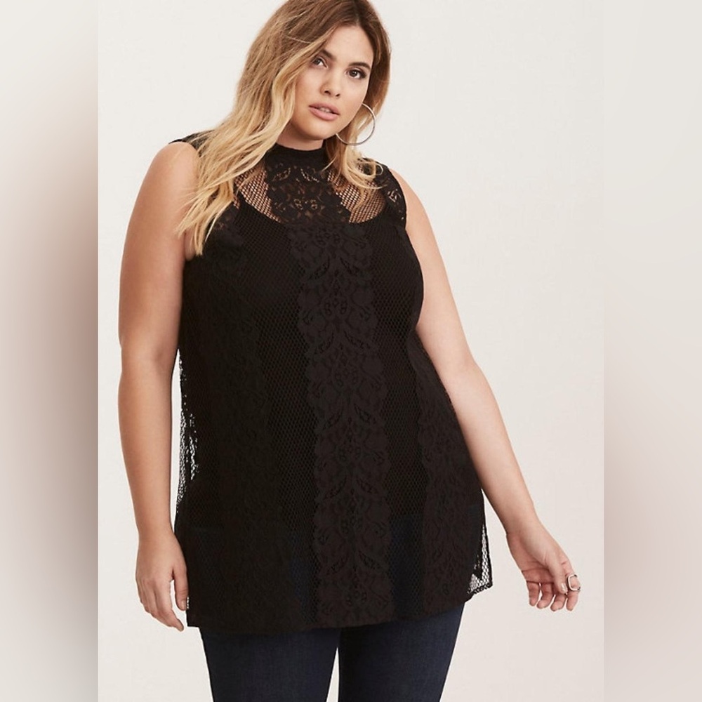 Torrid Lace Mesh Mock Neck sleeveless tunic blouse tank sz 2 2X EUC zipper